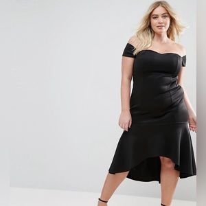 Club L Plus Bardot Off Shoulder Peplum Hem Dress, black, size 22 UK and 18 US
